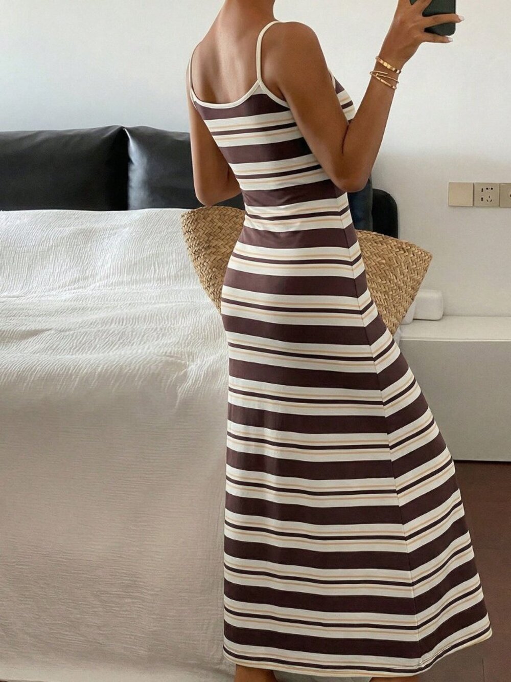 Khaki Casual Women's Striped Beach Vacation Dress - Picture 2 of 5